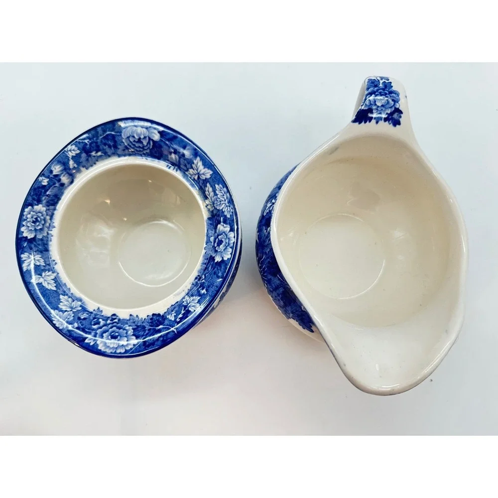 Vintage Enoch Wood's English Scenery Creamer Sugar Set Wood & Sons Blue White